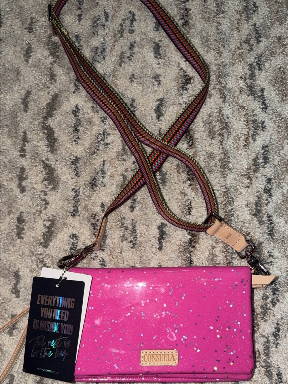 Consuela Hot Pink Glitter Crossbody Wallet with Rainbow Webbed Strap